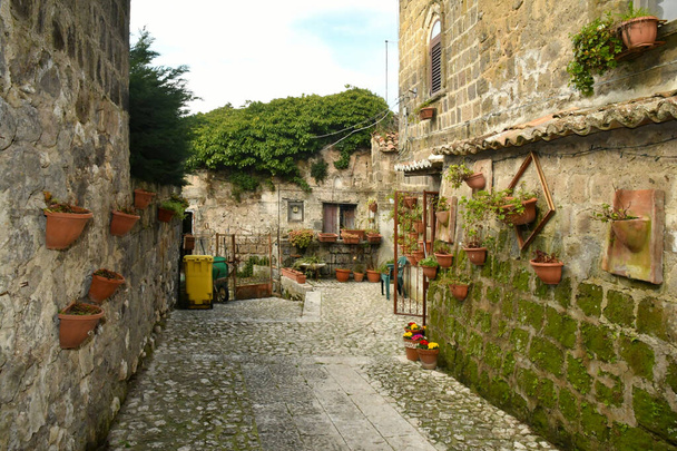 Wąska uliczka wśród starych kamiennych domów najstarszej dzielnicy miasta Caserta. - Zdjęcie, obraz