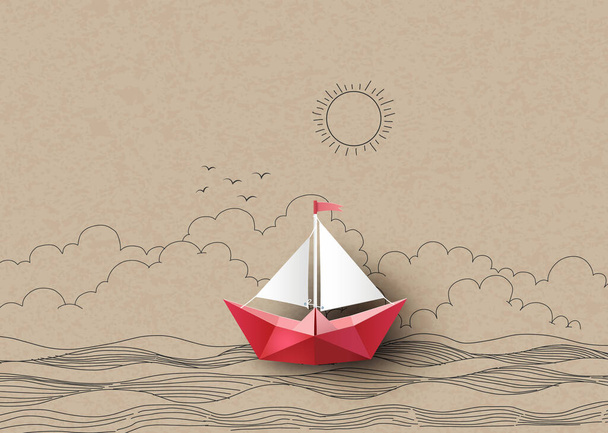 origami papírvitorlás hajó. kézi rajzolás és papírvágás. - Vektor, kép