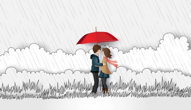 Illustrazione di amore e giorno di pioggia, Gli amanti si abbracciano nel prato con la pioggia. Stile carta arte e disegno a mano. - Vettoriali, immagini