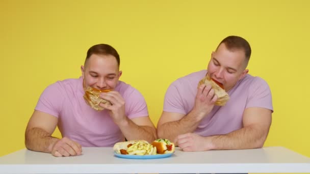 Dvě masitá dvojčata jedí rychlé občerstvení na žlutém pozadí. Koncept zdravé a nezdravé stravy. Rychlé občerstvení - Záběry, video