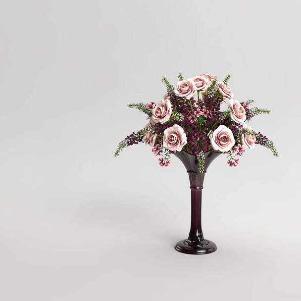 Стеклянная ваза с декоративными розовыми цветами на светлом фоне - Фото, изображение