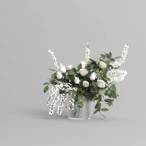 Skleněná váza s dekorativními bílými květy izolované na šedém pozadí - Fotografie, Obrázek