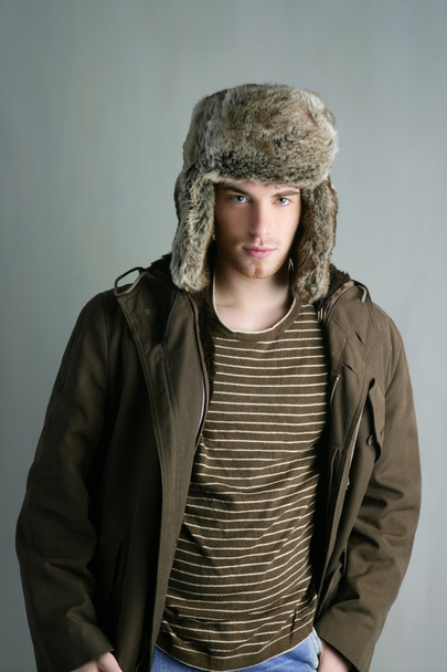 Fur winter fashion hat young man brown autumn - Photo, Image