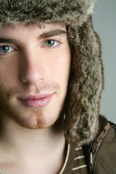 Fur winter fashion hat young man brown autumn - Fotoğraf, Görsel