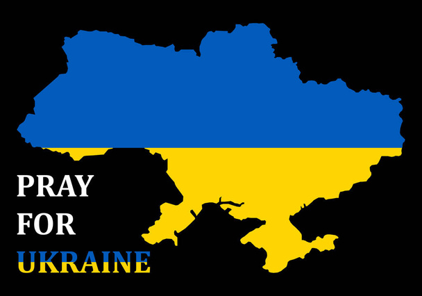 Vektorillustration des Gebets für die Ukraine. Rette die Ukraine vor Russland und beende bitte den Krieg. Ukrainische Landkarte in der Farbe der Flagge. Betet für den Frieden in der Ukraine. Die ganze Welt betet für die Ukraine - Vektor, Bild