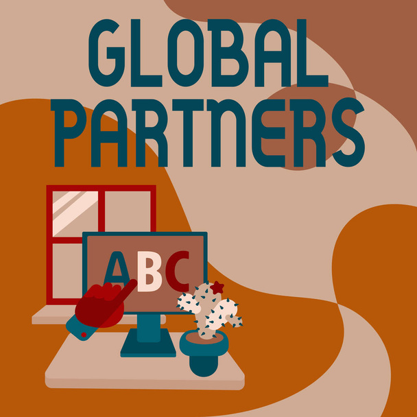 Znak tekstowy pokazujący Global Partners. Koncepcja oznacza, że dwie lub więcej firm z różnych krajów pracuje jako zespół Ręczne pokazywanie liter Wskazywanie ekranu przeglądarki internetowej z kaktusem na stronie. - Zdjęcie, obraz