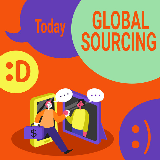 Käsiala teksti Global Sourcing. Liiketoimintakonseptin käytäntö hankinnan globaaleilta tavaramarkkinoilta Kaksi kollegaa kokous Online Keskustelu Tulevaisuuden projekti-ideoita. - Valokuva, kuva