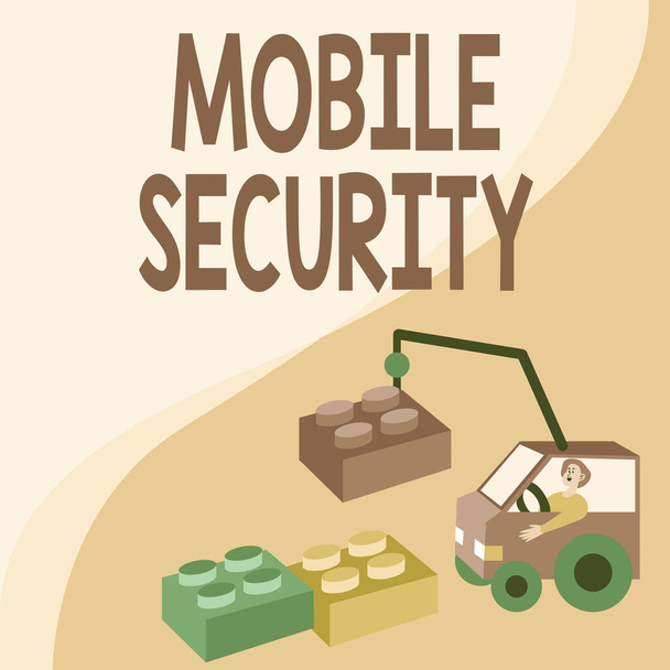 Fogalmi felirat Mobil Biztonság. Üzleti koncepció A mobiltelefon védelme a fenyegetésektől és a sebezhetőségektől A daru mozgatása Új ötletek bemutatása. - Fotó, kép