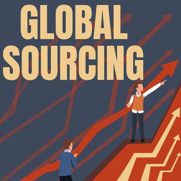 Έμπνευση που δείχνει σημάδι Global Sourcing. Επιχειρηματική πρακτική της προμήθειας από την παγκόσμια αγορά αγαθών Βέλη Κατευθυντήριες δύο συνεργαζόμενους επιχειρηματίες προς ένα καλύτερο οικονομικό σχέδιο. - Φωτογραφία, εικόνα