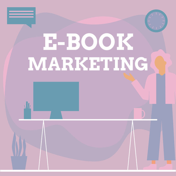 Text sign showing E Book Marketing. Word for digital file that can be used on any compatible computer Woman Standing Office Using Laptop With Speech Bubble Beside Plant Vase. - Photo, Image