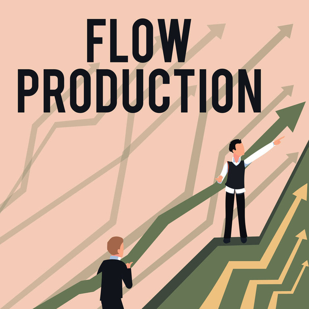 Bildunterschrift: Flow Production. Geschäftskonzepte werden von einem Verarbeitungsschritt zum nächsten erstellt Pfeile, die zwei zusammenarbeitende Geschäftsleute zu einem besseren Finanzplan führen. - Foto, Bild