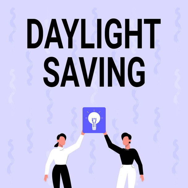Inspiration showing sign Daylight Saving. Business approach Storage technologies that can be used to protect data Two Colleagues Holding Lamp Presenting New Achievement Reached. - Photo, Image