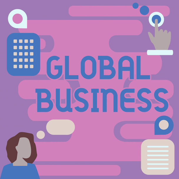 Szöveges felirat a Global Business-ről. Üzleti ötlet Kereskedelem és üzleti rendszer egy vállalat világszerte Női innovatív gondolkodás Vezető ötletek a stabil jövő felé. - Fotó, kép