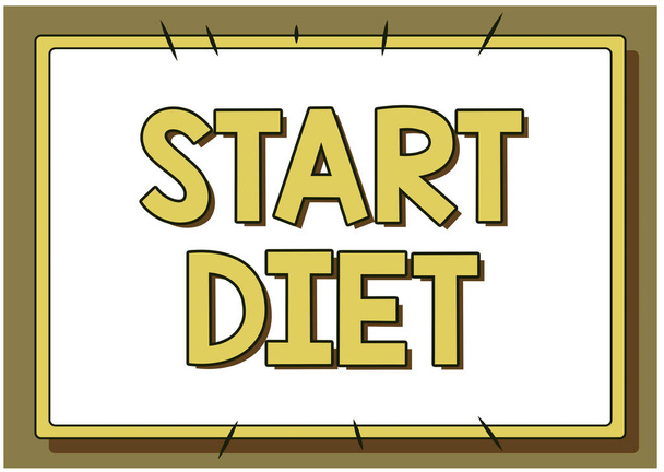 Textzeichen mit Start Diet. Auf spezielle Speisen geschriebenes Wort, auf das sich die Person beschränkt Zeile Illustrierte Hintergründe mit verschiedenen Formen und Farben. - Foto, Bild