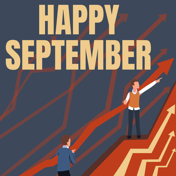 Bildunterschrift: Happy September. Konzept, das bedeutet, die Freude des neunten Monats des Jahres willkommen zu heißen Pfeile, die zwei zusammenarbeitende Geschäftsleute zu einem besseren Finanzplan führen. - Foto, Bild