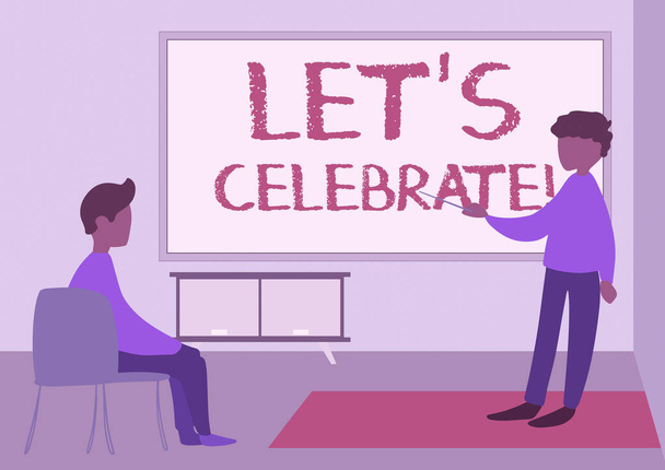 Conceptual display Let S Celebrate. Internet Concept party or other social event on a special day or occasion Teacher And Student Drawing Having Class Privately Inside A Classroom. - Photo, Image