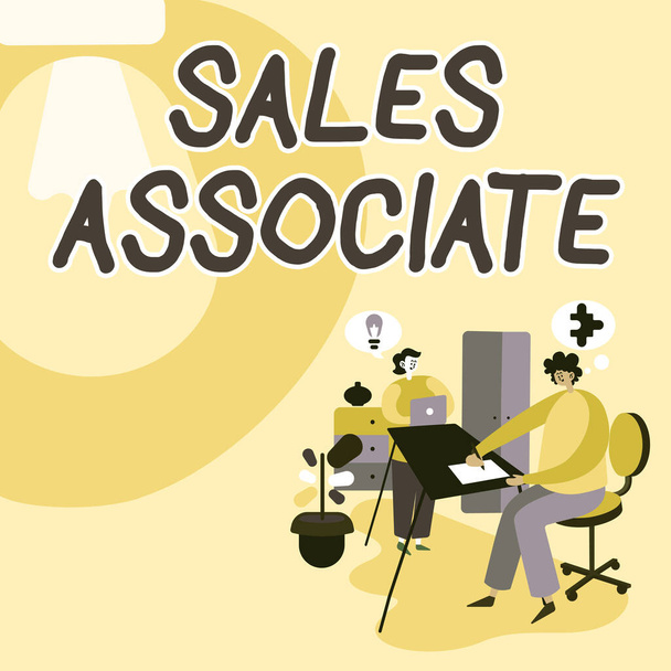Znak tekstowy pokazujący Sales Associate. Koncepcja biznesowa głównym zadaniem jest sprzedaż firmy s jest produktem lub usługą Partnerzy Dzielenie się nowymi pomysłami na doskonalenie umiejętności Strategie pracy. - Zdjęcie, obraz
