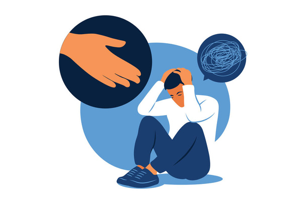 Concept of mental disorder, sorrow and anxiety. Human hand helps. Sad lonely man in depression. Vector illustration. Flat. - Vektori, kuva