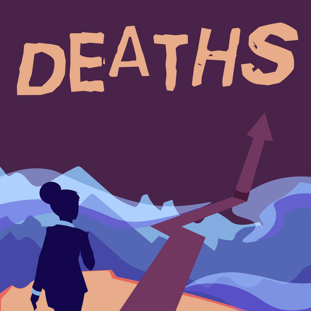 Writing displaying text Deaths. Conceptual photo permanent cessation of all vital signs, instance of dying individual Lady Walking Towards Mountains With An Arrow Marking Success - Photo, Image