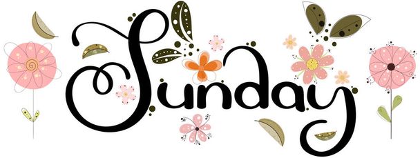 Hallo Sonntag. Happy Sunday Week Vektor mit Blumen, Schmetterlingen und Blättern. Wochentage, Dekoration Typografie Flat Style Design. Illustration (Mittwoch)) - Vektor, Bild