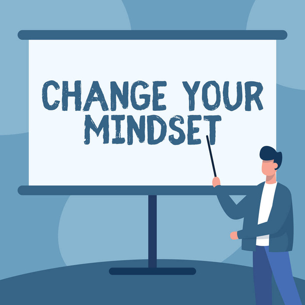 Inspiration showing sign Change Your Mindset. Business overview fixed mental attitude or disposition person responses Teacher In Jacket Drawing Standing Pointing Stick At Whiteboard. - Photo, Image
