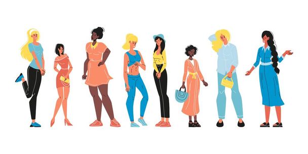 Vrouw verschillende etniciteit en lichaamsvorm - Vector, afbeelding
