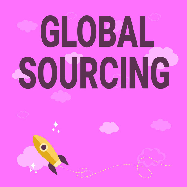 Texto que muestra inspiración Global Sourcing. Word Written on practice of sourcing from the global market for goods Rocket Ship Launching Fast Straight Up To The Outer Space. - Foto, imagen