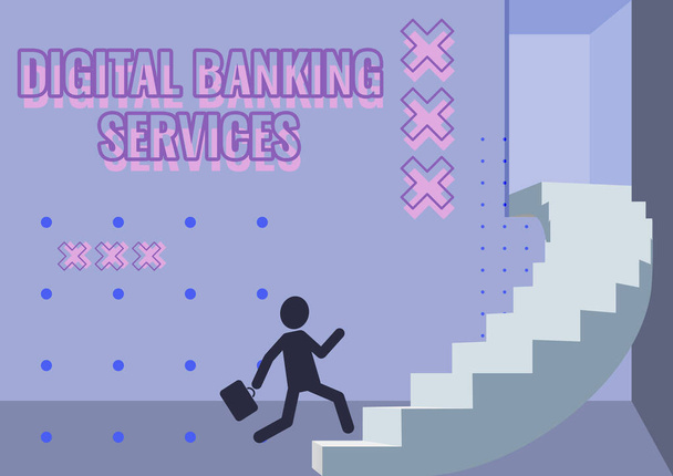 Tekst pisma Digital Banking Services. Koncepcja biznesowa Cyfryzacja wszystkich przestarzałych działań bankowych Gentleman In Suit Running Up On A Large Stair Steps Showing Progress. - Zdjęcie, obraz