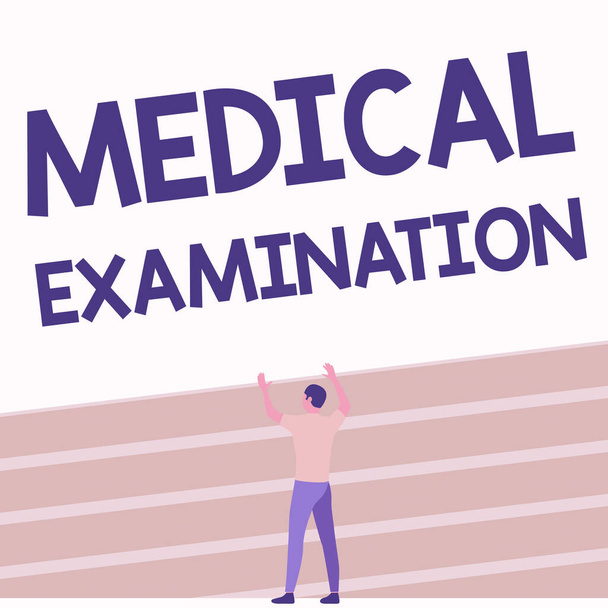 Conceptual caption Medical Examination. Conceptual photo Checkup carried out to determine the physical fitness Athletic Man Standing On Track Field Raising Both Hand Showing Celebration. - Photo, Image