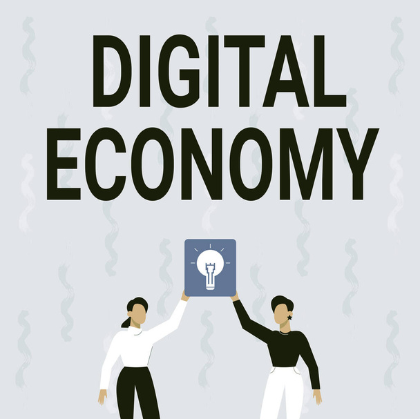 El yazısı tabelası Dijital Ekonomi. Dünya çapında ekonomik faaliyetler ve teknolojilerden oluşan kavramsal fotoğraf ağı İki Meslektaşın Lambası Yeni Başarı Sundu. - Fotoğraf, Görsel
