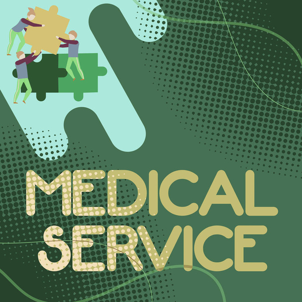 Handwriting text Medical Service. Word Written on Doing medical support to treat illness and injuries Team Holding Jigsaw Pieces Helping Each Others To Solve The Problem. - Photo, Image