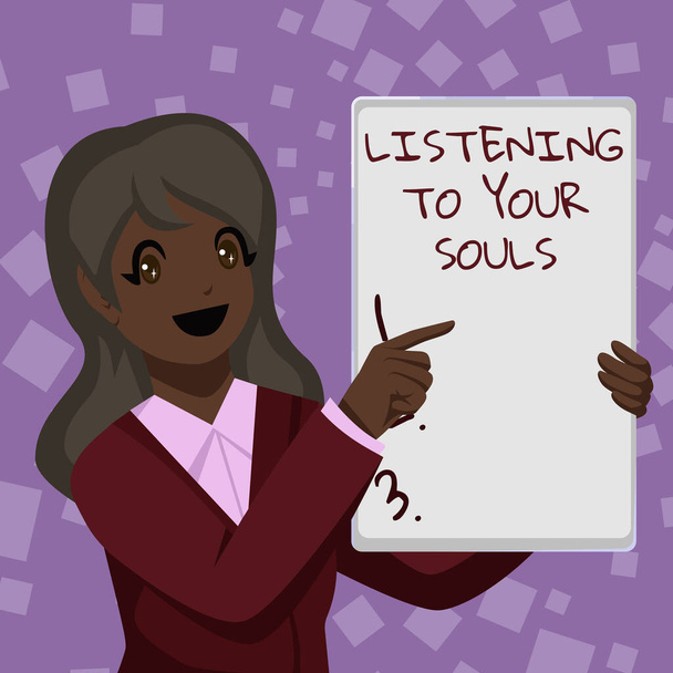 Fogalmi felirat A lelkek hallgatása. Üzleti áttekintés Meditáció bízva az ösztöneit átgondolt Business Woman Drawing Holding Blank White Board Bemutató közlemények - Fotó, kép