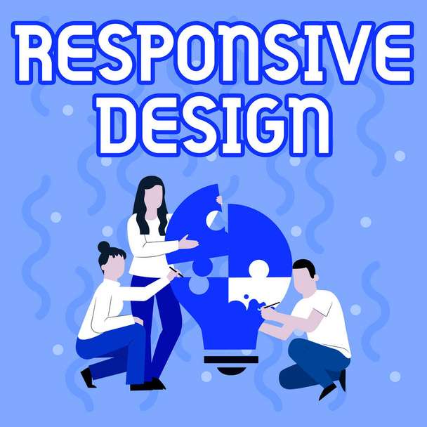 Inspiration mit Zeichen Responsive Design. Word für die Erstellung von Webseiten, die flexible Layouts nutzen Mitarbeiterzeichnungen, die einander helfen, Glühbirnen zu bauen Puzzle. - Foto, Bild