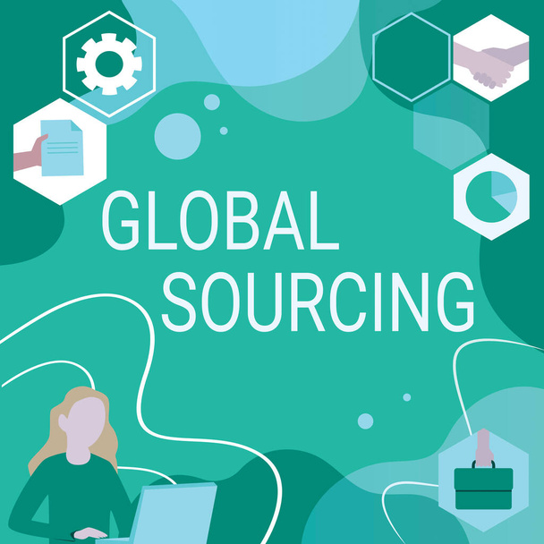 Text caption presenting Global Sourcing. Concept meaning practice of sourcing from the global market for goods Woman Innovative Thinking Leading Ideas Towards Stable Future. - Photo, Image