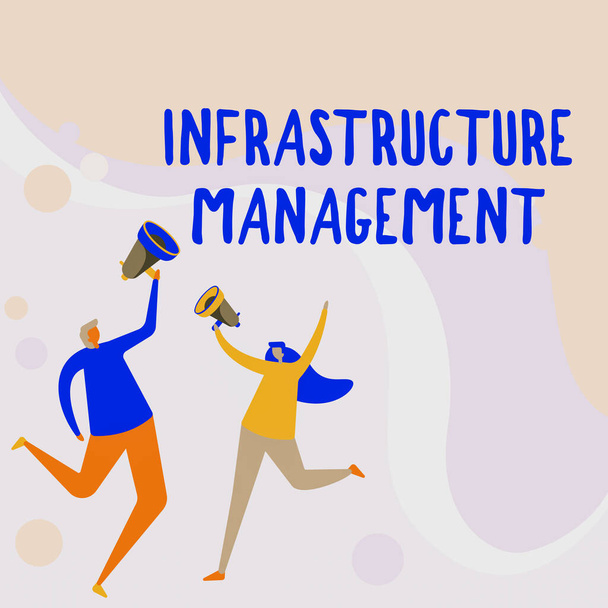 Hand writing sign Infrastructure Management. Business approach minimize downtime, maintain business productivity Illustration Of Partners Jumping Around Sharing Thoughts Through Megaphone. - Photo, Image