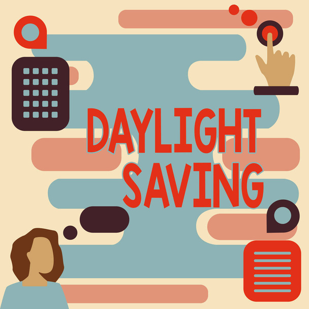 Conceptual display Daylight Saving. Business overview Storage technologies that can be used to protect data Woman Innovative Thinking Leading Ideas Towards Stable Future. - Photo, Image