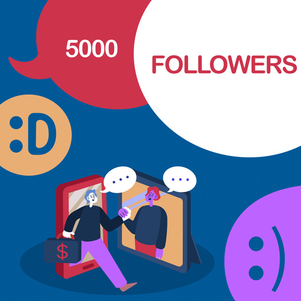 Text showing inspiration 5000 Followers. Business overview number of individuals who follows someone in Instagram Two Colleagues Meeting Online Discussing Future Project Ideas. - Photo, Image