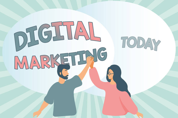 Sign displaying Digital Marketing. Word Written on Search Engine Optimazation Pay Per Click Ad Internet Happy Colleagues Illustration Giving High Fives To Each Other. - Photo, Image
