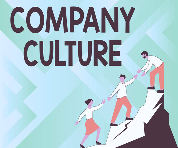 Handwriting text Company Culture. Word Written on The environment and elements in which employees work Colleagues Climbing Upwards Mountain Reaching Success Presenting Teamwork. - Photo, Image