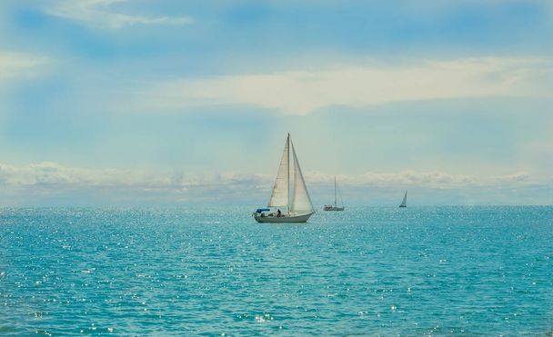 Ohromující úžasný pohled na jezero Ontario z centra ostrova, Toronto, s lidmi na jachtách, plachetnice relaxační a užívat si svého letního času  - Fotografie, Obrázek
