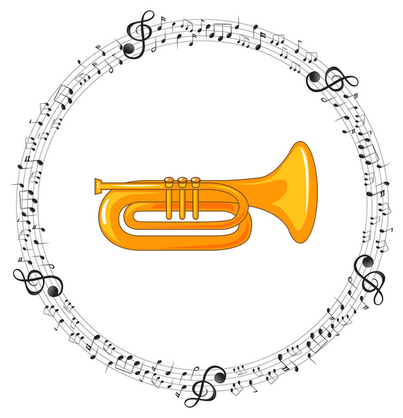 Beyaz arkaplan çizimi üzerine notaları olan bir trompet. - Vektör, Görsel