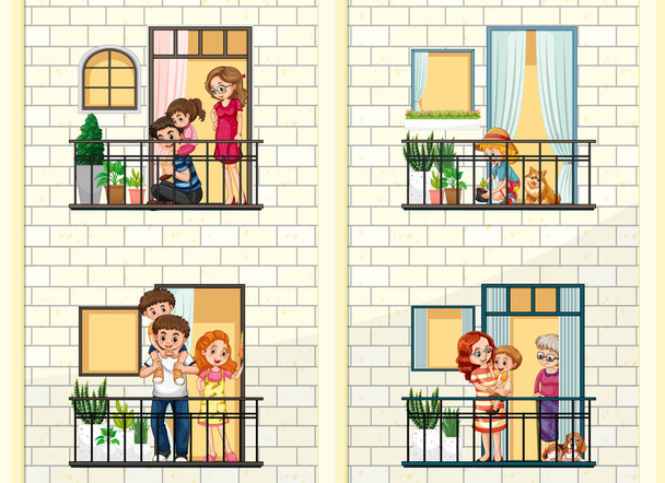 Hausfassade mit Menschen an den Fenstern Illustration - Vektor, Bild