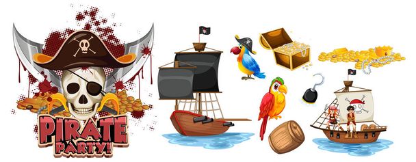 Zestaw znaków i przedmiotów kreskówek piratów ilustracja - Wektor, obraz