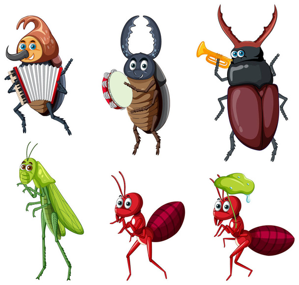Set különböző rovarok és bogarak rajzfilm stílusú illusztráció - Vektor, kép