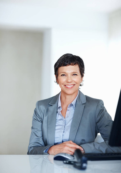 Mature female executive at office desk. Portrait of mature female executive smiling at office desk. - Fotó, kép