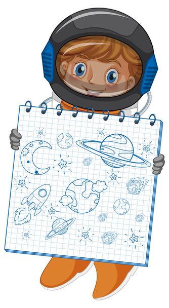 An astronaut holding notebook with a doodle sketch design on white background illustration - Vector, Image