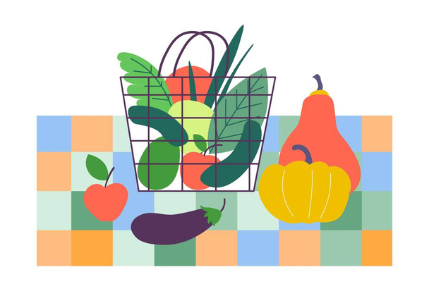 Basket with fruits and vegetables, healthy eating - Διάνυσμα, εικόνα