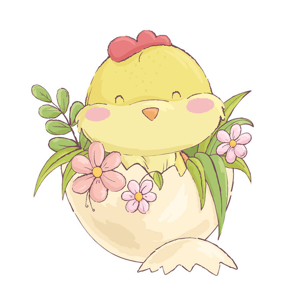 A cute little chick sits in an egg with flowers and smiles. Happy easter. Vector illustration. - Вектор,изображение