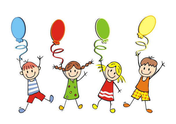 onnellisia lapsia ja ilmapalloja, vektori hauska kuva - Vektori, kuva