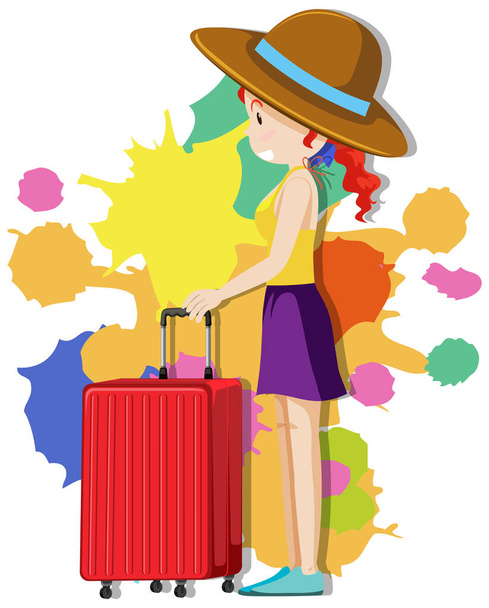 Счастливая девушка с красным багажом на красочном фоне иллюстрации - Вектор,изображение
